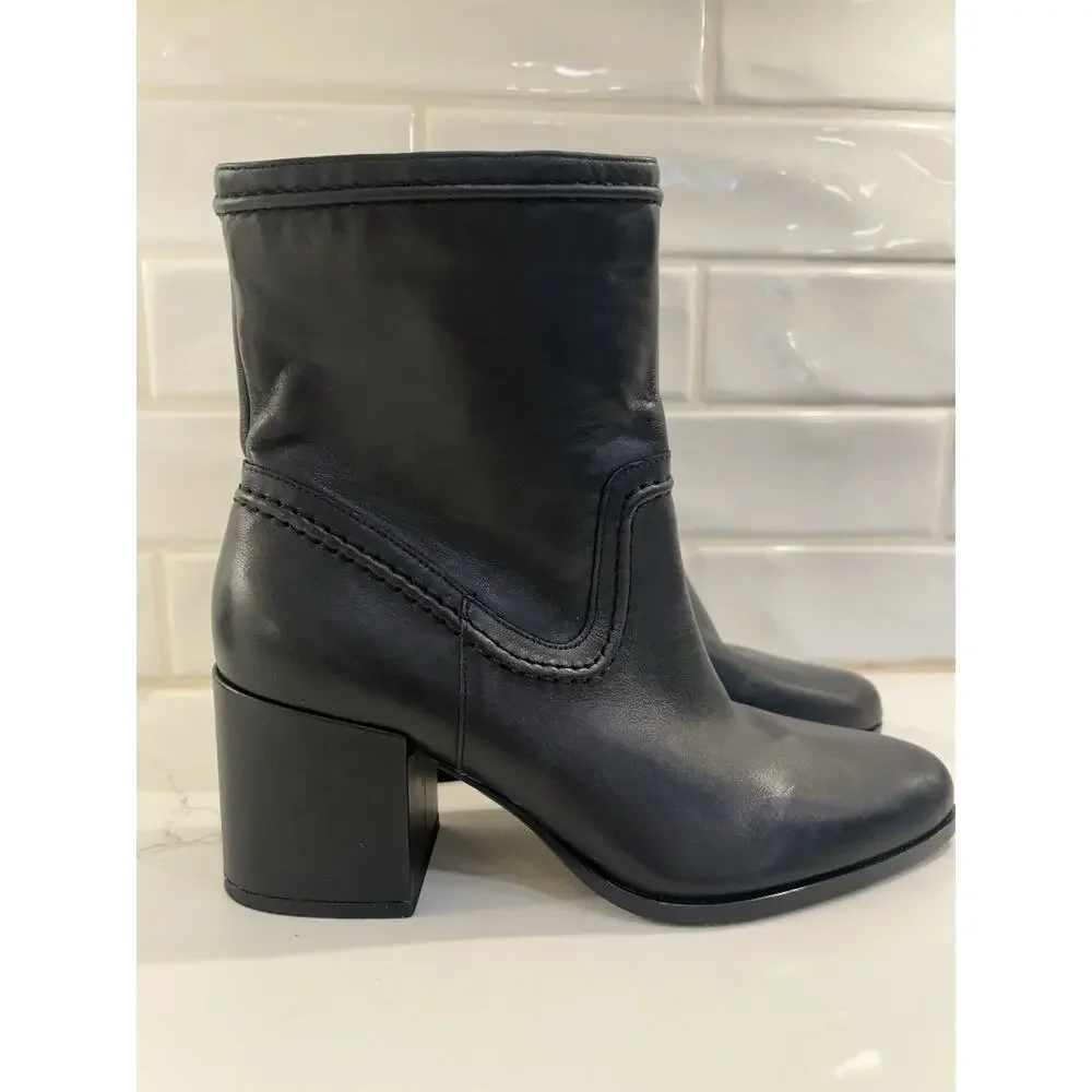 NWT Vince Camuto Pailey Booties Black Leather Mid-shaft Block Heel Boots Sz 9.5M